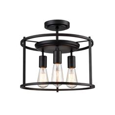 three light semi flush ceiling fixture in an antique black finish with clear glass bulbs on the bottom