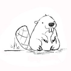 a black and white drawing of a groundhog sitting on the ground with an egg in it's mouth