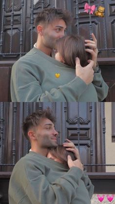 a man and woman hugging each other in front of a building