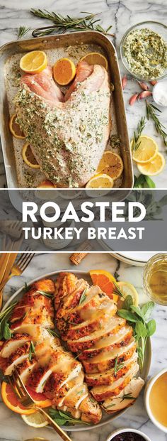 roasted turkey breast with oranges and herbs on the side