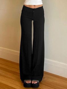 Solid High Rise Flared Straight Leg Pants - AnotherChill Low Rise Pinstripe Pants, Low Rise Suit Pants, Fitted Black Trousers, Low Rise Dress Pants, Pants Ideas For Women, Black Loose Pants Outfit, Different Pants Styles, Black Pants Aesthetic, How To Style Black Pants