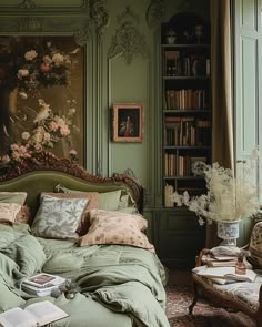 a bedroom with green walls and an ornate bed in the middle, surrounded by bookshelves