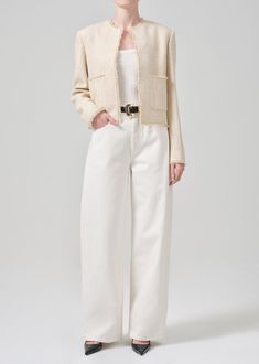 This forever-classic style features a boxy fix, collarless silhouette and lightly padded shoulders. Wear yours with jeans and ballet flats. This fit is true to size. Looks Like: Off white jacket with herringbone detailingFeels Like: Woven textured jacket Lady Jacket, Off White Jacket, White Herringbone, Textured Jacket, Jacket Outfit, White Jacket, Tea Dress, Jacket Outfits, A Line Skirts