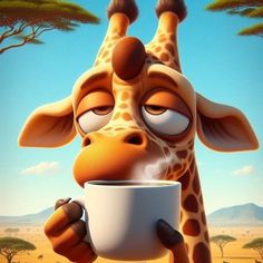 a giraffe holding a cup of coffee with its tongue out and eyes wide open