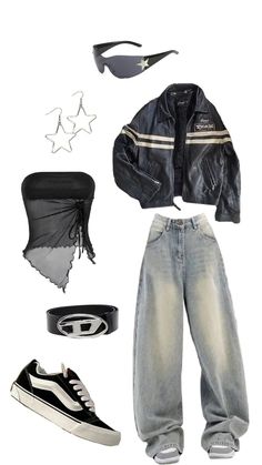 Outfit Girly Streetwear Outfits, Girly Streetwear, Leather Jacket Outfits, Streetwear Outfits, Concert Outfit, Jacket Outfits, Blue Jeans, Stuff To Buy, Leather Jacket