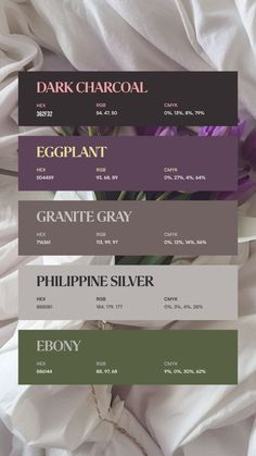 Colors:
362F32
5D4459
716361
B8B3B1
586144 Color Theory Palette, Zoya Core, Color Theory Art Lessons, Color Theory Art, Gradient Color Design, Website Color Palette, Pantone Colour Palettes, Cool Color Palette