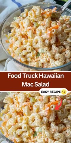 macaroni salad in a glass bowl with the title text overlay reads food truck hawaiian mac salad easy recipe