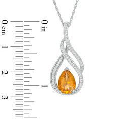 Treat her to a surprise before you go out for her November birthday celebration - so she can wear her new gemstone and diamond pendant for the evening's festivities. Crafted in cool 10K white gold, this graceful drop features a diamond-lined flame-shaped frame and showcases a scintillating 10.0 x 7.0mm pear-shaped golden yellow citrine. Radiant with 1/6 ct. t.w. of diamonds and a brilliant buffed luster, this pendant suspends along an 18.0-inch rope chain that secures with a spring-ring clasp. Pear-shaped Diamond Jewelry With Accent Stones, Diamond Necklace With Gemstone Accents For Anniversary, Diamond Necklaces With Gemstone Accents For Anniversary, Dazzling Diamond Gemstone Necklace For Anniversary, Dazzling Gemstone Diamond Necklace For Anniversary, Fine Jewelry Citrine With Diamond Accents, Anniversary Birthstone Necklace With Diamond Accents, Dazzling Necklace With Accent Stones For Anniversary, Teardrop Gemstone Diamond Necklace For Anniversary