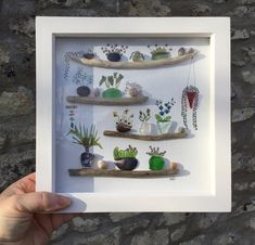 a person holding up a framed photo with some plants on the shelves in front of them