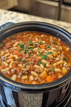 a crock pot filled with pasta and meat soup