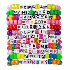 Party Hard Kandi Bracelets (12-pack) Kandi Kandi Bar Rave Candies Bracelets, Candy Ideas Rave, Dirty Kandi Bracelets, Rave Beads Bracelets, Candy Bracelet Ideas Rave, Kandy Ideas Rave, Funny Rave Kandi, Funny Pony Bead Bracelets, Rave Candy Ideas