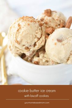 two scoops of cookie butter ice cream in a white bowl