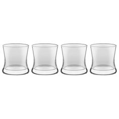 four glasses are lined up in a row on a white background, one is empty and the other has no lid