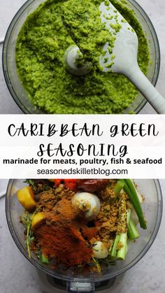 a food processor filled with green seasoning next to another bowl full of vegetables and spices