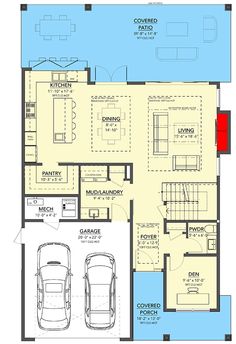 the floor plan for a two story house with an attached garage and living room area