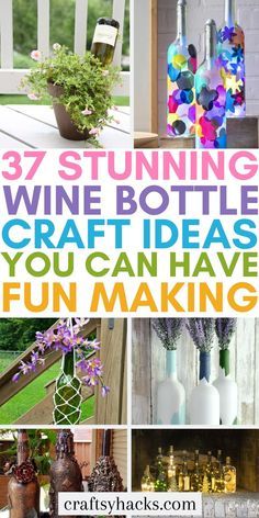 some bottles and vases with flowers in them on a porch or patio, one is filled with wine bottles and the other has fun crafts for kids to make