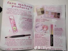 an open book with makeup products on it