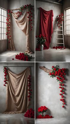 four different shots of red flowers and curtains