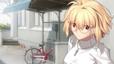 an anime character with blonde hair and red eyes standing in front of a building next to a bike