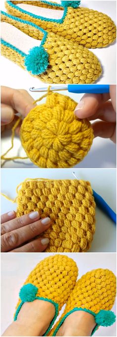 crocheted slippers are being made with yarn