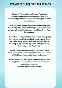 a prayer card with the words prayer for forgivenesss of sinis written on it