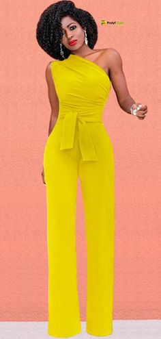 This flattering and slimming design can be dressed up or down to suit your mood.  wide leg jumpsuit|one shoulder jumpsuit chic|stylish one-shoulder jumpsuit #jumpsuit #casualjumpsuit #dressyjumpsuit #outfit #casualoutfit #casualwear #womensfashion #formal #casualstyle Yellow Jumpsuit, Pants Jumpsuit, One Shoulder Jumpsuit, Jumpsuit Dressy, Jumpsuit Elegant, Pink Jumpsuit, Jumpsuits And Romper, Women Formals, Hip Dress