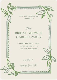 a green and white wedding shower party card with leaves on the border, in an ornate frame