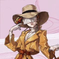 a drawing of a woman in a hat and trench coat holding a brown bag with a butterfly on it