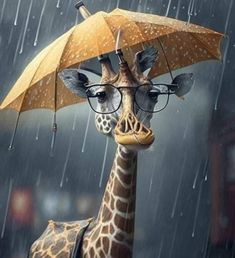 a giraffe wearing glasses and holding an umbrella in the rain with it's head up