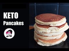 a stack of pancakes with the words keto pancakes on it and an image of a woman's face