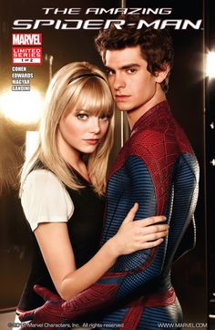 the amazing spider - man and woman are hugging in front of a mirror