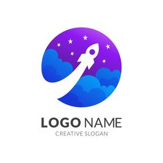 a rocket flying through the sky with stars on it's side, logo design