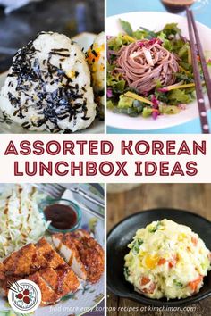 four different pictures with the words assorted korean lunchbox ideas on them, including noodles and salads