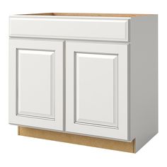 a white kitchen cabinet with two doors and one drawer on the bottom, in front of a white background