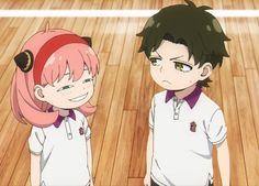 two anime characters standing on a wooden floor in front of a basketball court, one with pink hair and the other with green eyes