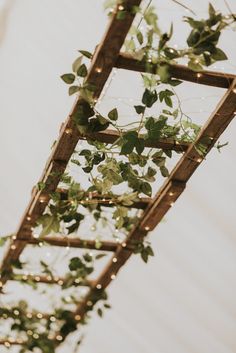 an old ladder is adorned with greenery and lights