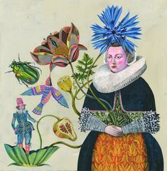 a painting of a woman surrounded by flowers and butterflies, with an insect on her head