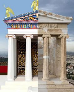 two different views of the same building with columns and statues on each side, one in color