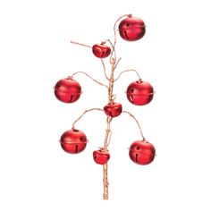 red ornaments are hanging from a twig on a white background in the shape of an ornament