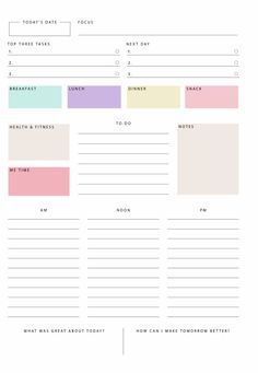 the printable planner is shown in pink, yellow and green colors with text on it