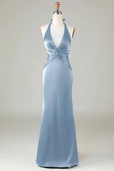 Taupe Sheath Halter Satin Long Bridesmaid Dress – Taooobao Tea Length Hoco Dresses, Revealing Long Dress, Atlantis Hoco Dress, Grey Blue Satin Dress, Pale Blue Quinceanera Dress, Secret Garden Theme Prom Dress, Cute Evening Dress, Navy Blue Homecoming Dress Long, Ball Dress Inspiration