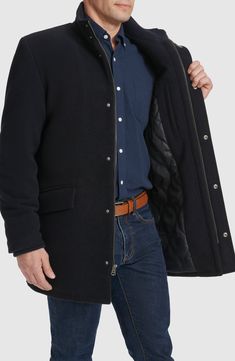 A loose car coat fashioned from a durable wool blend features a stand collar and a sleek snap storm placket added warmth and comfort. 33 1/2" length (size Medium) Front zip closure with snap storm placket Stand collar Long sleeves Front flap pockets Lined 60% wool, 30% polyester, 5% acrylic, 5% other fibers Dry clean Made in China Casual Wool Outerwear With Stand Collar, Winter Outerwear With Concealed Placket And Stand Collar, Wool Pea Coat With Stand Collar And Pockets, Black Wool Outerwear With Stand Collar, Wool Outerwear With Stand Collar And Pockets, Wool Outerwear With Pockets And Stand Collar, Casual Winter Wool Coat With Concealed Placket, Classic Wool Coat With Stand Collar And Pockets, Wool Outerwear With Button Closure For Outdoor