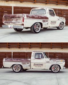 two pictures of an old white truck parked in front of a garage