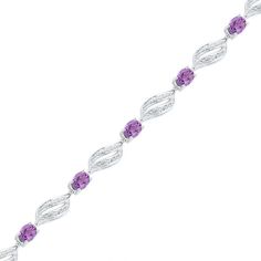 Fan the flames of fashion with this striking gemstone fashion bracelet. Crafted in sleek sterling silver, this bracelet pairs 6.0 x 4.0mm oval-shaped bright purple amethyst with 1/20 ct. t.w. diamond-lined double flame-shaped links, creating this colorful and trendy look. A thoughtful gift for the February birthday girl, this 7.5-inch bracelet is polished to a brilliant shine and secures with a lobster claw clasp. Classic Sterling Silver Oval Gemstone Bracelet, Classic Oval Gemstone Sterling Silver Bracelet, Classic Sterling Silver Bracelet With Oval Gemstone, Elegant Sterling Silver Bracelet With Oval Gemstone, Elegant Sterling Silver Oval Gemstone Bracelet, Oval Sterling Silver Bracelet, Fine Jewelry Sterling Silver Oval Bracelet For Formal Occasions, Oval Sterling Silver Bracelet For Formal Occasions, Elegant Purple Sterling Silver Bracelet For Formal Occasions