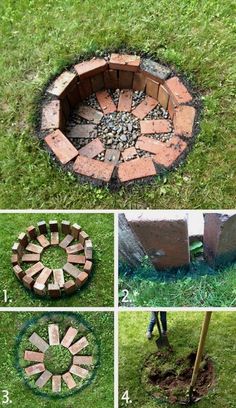 the steps to make a fire pit out of bricks are shown in four different pictures