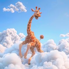 a cartoon giraffe is flying through the clouds