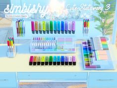 an assortment of colorful crayons and markers on a table with the words simlishy cute station 3