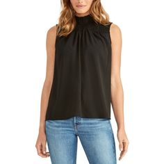 Smockedmock Neckshirt Black Smocked Back Stretch Top, Chic Black Sleeveless Smocked Top, Black Sleeveless Smocked Top, Sleeveless Black Smocked Top, Black Sleeveless Smocked Ruched Top, Black Sleeveless Ruched Smocked Top, Black Sleeveless Smocked Top With Ruched Detail, Casual Tops With Smocked Back And Stretch, Casual Stretch Tops With Smocked Back