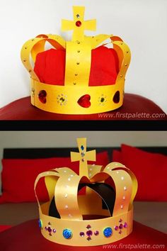 the crown is made out of paper and has red hearts on it, as well as a cross