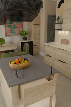 a bowl of fruit is sitting on the kitchen island